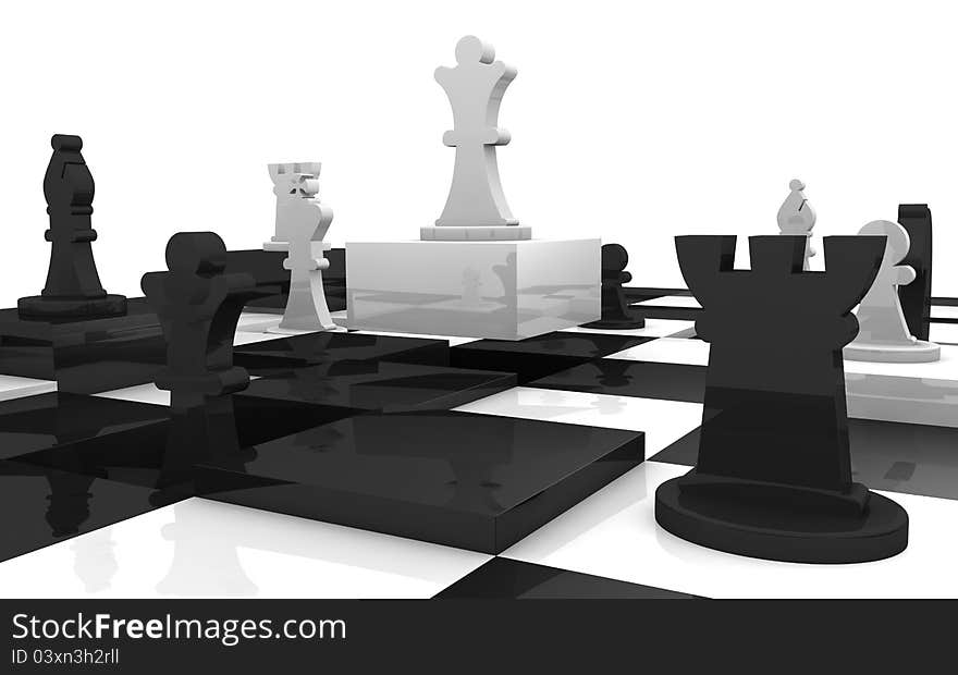 Closeup of a chessboard with some squares at different height and some piece over it (3d render)