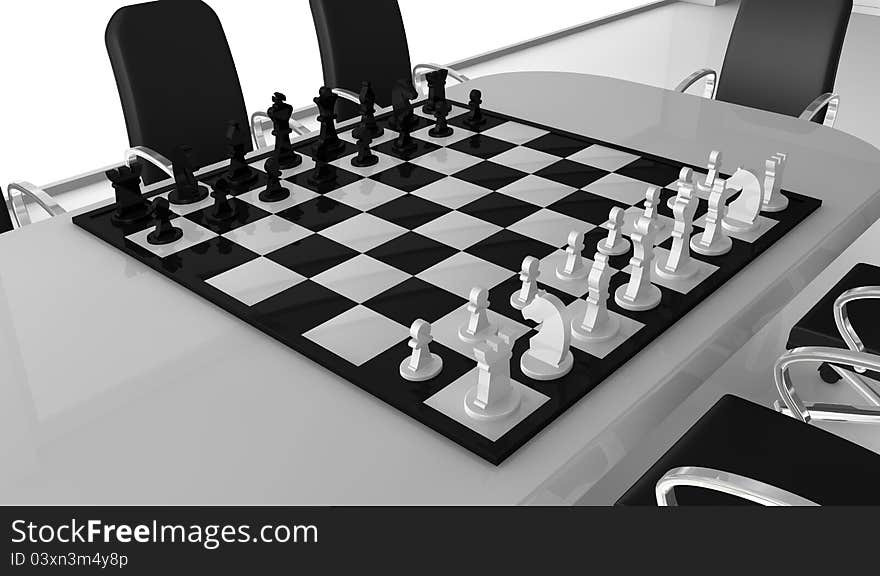 One meeting room with a chessboard over the table (3d render)