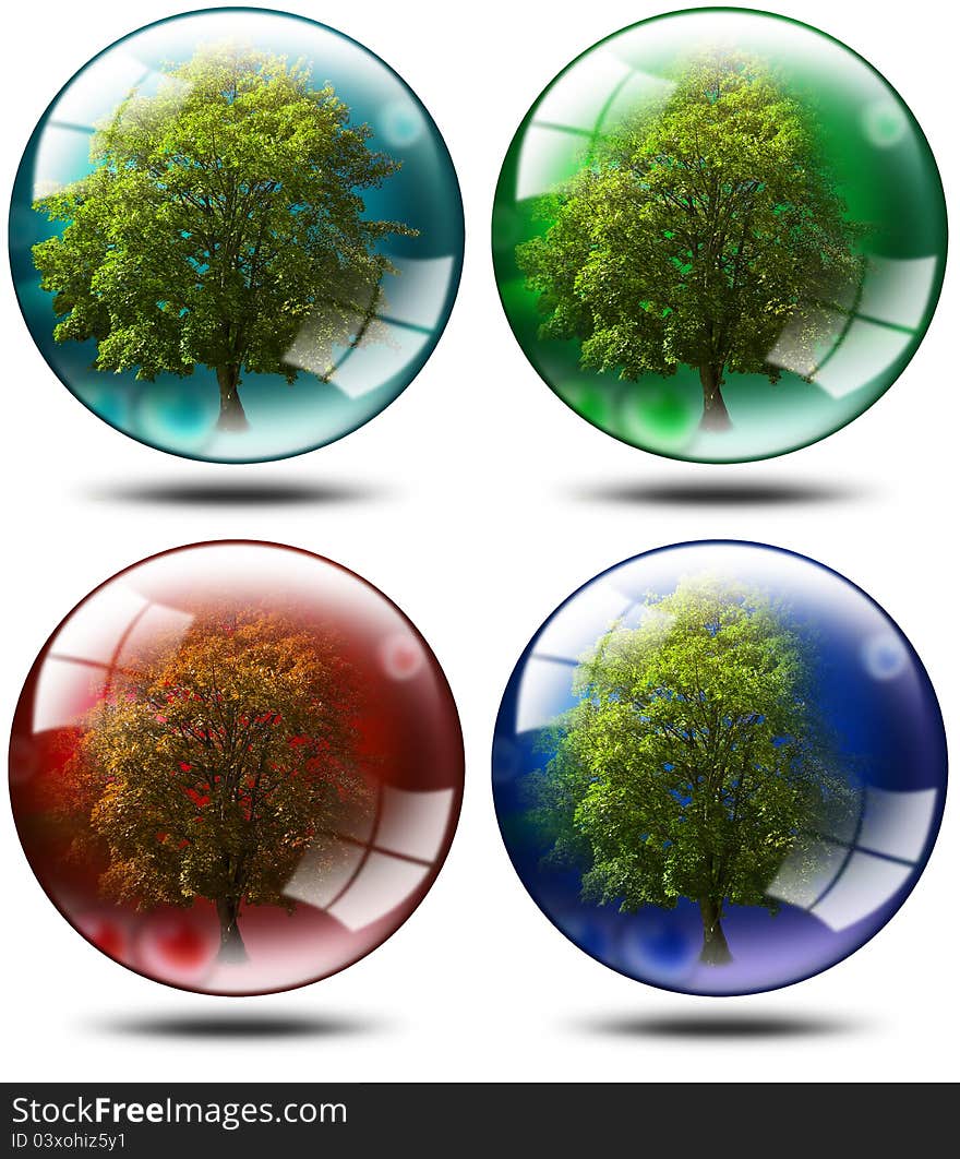 Four trees with leaves inserted balls of various colors, ecology concept. Four trees with leaves inserted balls of various colors, ecology concept