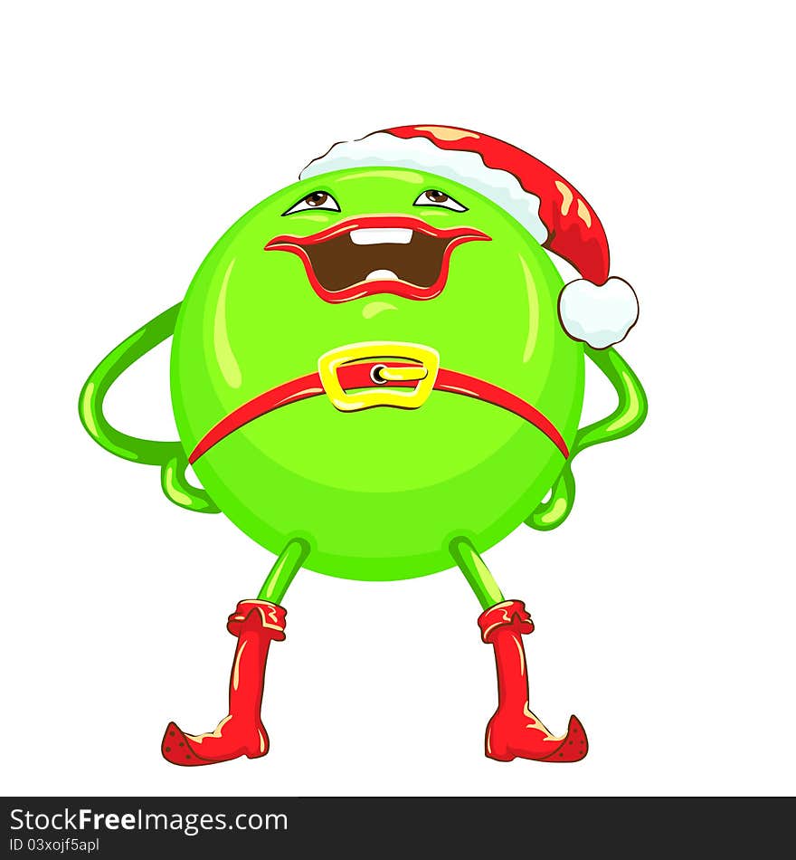 Green ball in a red Christmas hat and boots with a smile stands legs apart and hands on hips, isolated on white background. Green ball in a red Christmas hat and boots with a smile stands legs apart and hands on hips, isolated on white background