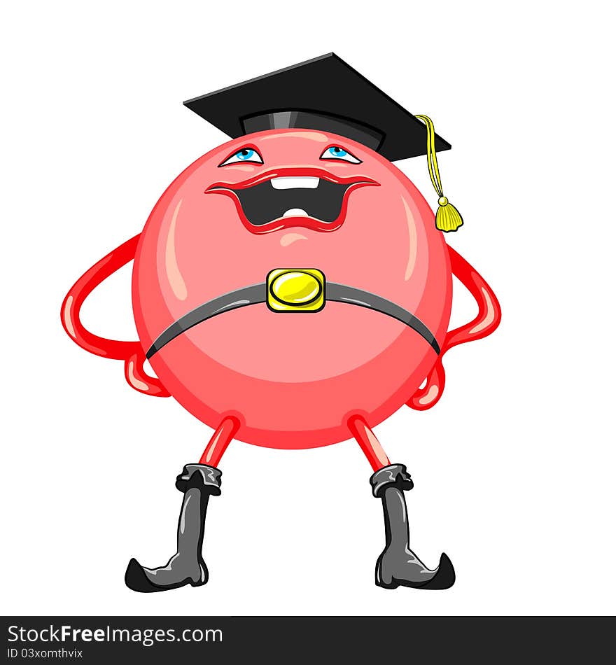 Red ball in a black academic hat and boots with a smile stands legs apart and hands on hips, isolated on white background. Red ball in a black academic hat and boots with a smile stands legs apart and hands on hips, isolated on white background