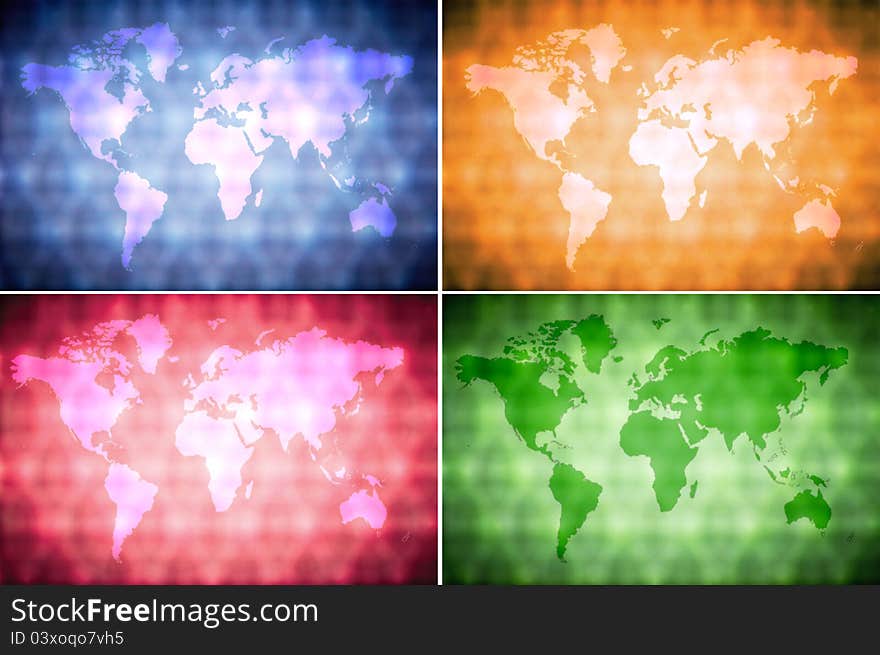 Collection of multi-colored background. A world map silhouette. Collection of multi-colored background. A world map silhouette