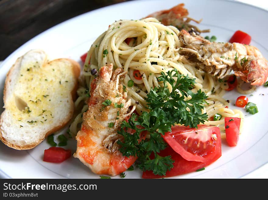 Spicy Prawn Pasta (spaghetti) with garlic, olive oil and red chili pepper. Spicy Prawn Pasta (spaghetti) with garlic, olive oil and red chili pepper