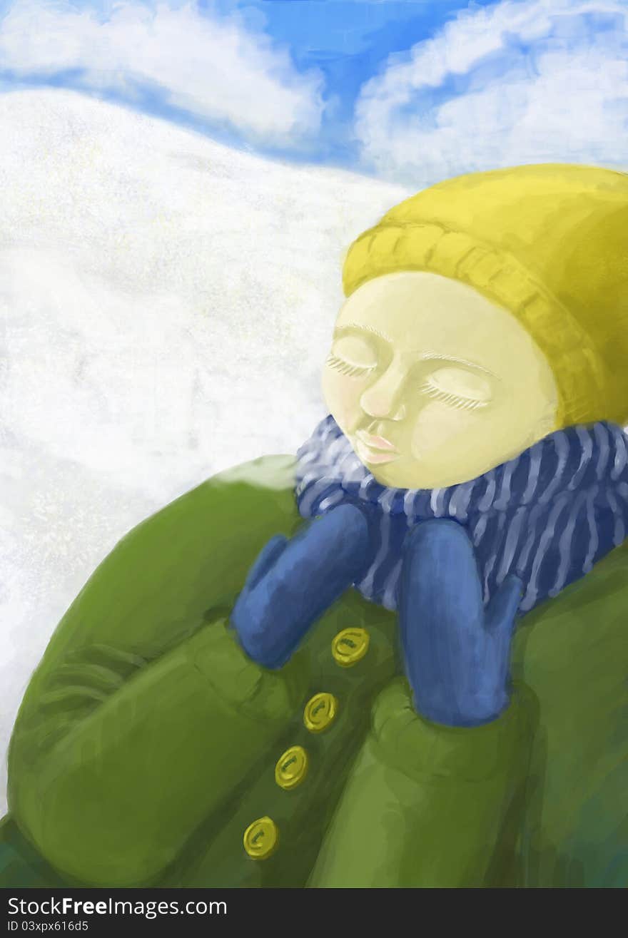 The child in a coat, a cap, a scarf and mittens against a winter landscape. The child in a coat, a cap, a scarf and mittens against a winter landscape.