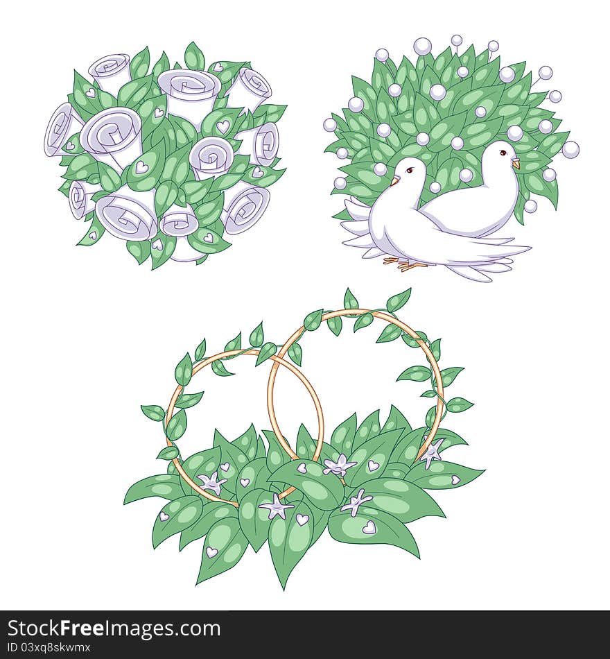 Wedding vector set: bridal bouquet, pigeons and rings. Wedding vector set: bridal bouquet, pigeons and rings