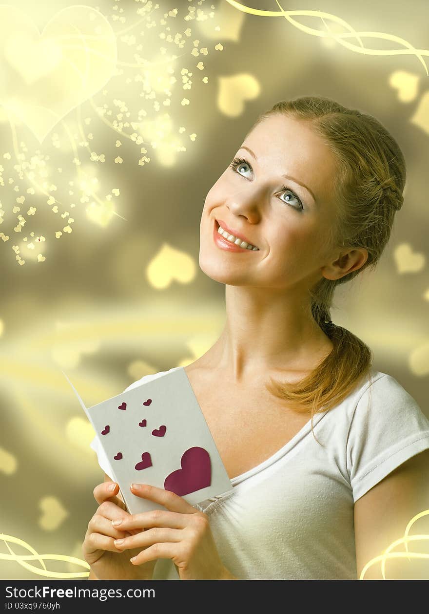 Attractive Happy Girl , Reading Valentine Card