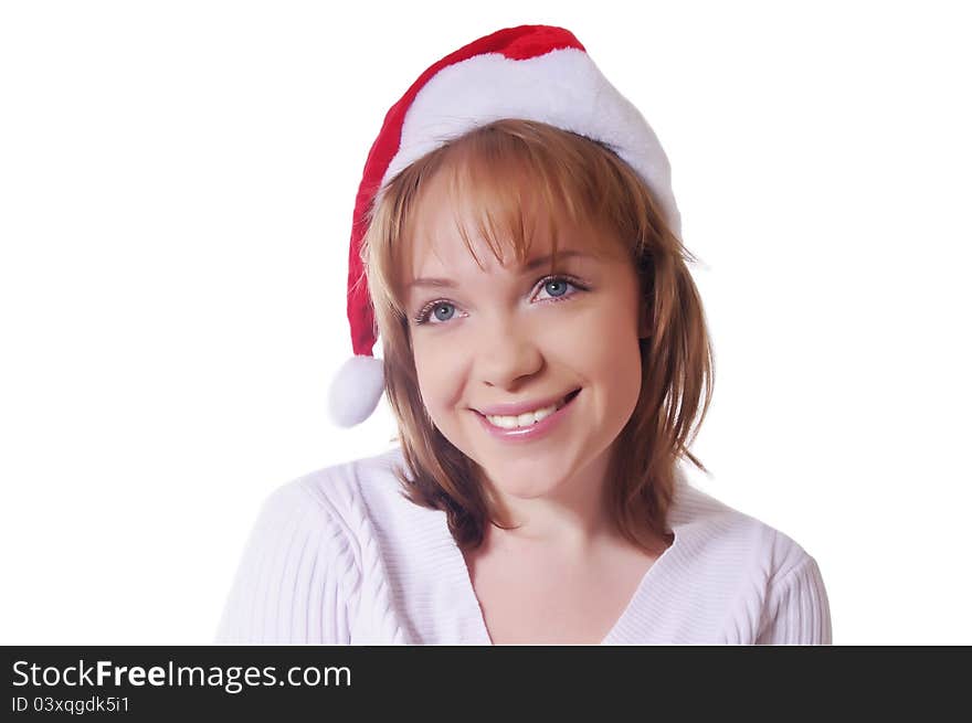 Girl with christmas hat over white. Girl with christmas hat over white