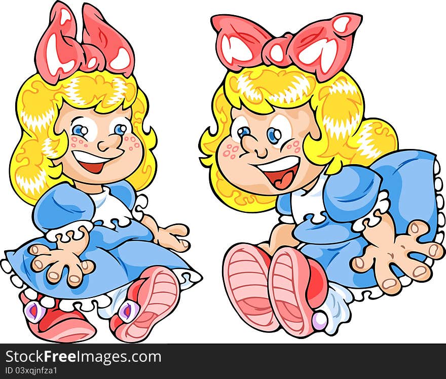 The illustration shows a little funny girl in a blue dress. Girl shows two kinds of emotions. Illustration done in cartoon style. The illustration shows a little funny girl in a blue dress. Girl shows two kinds of emotions. Illustration done in cartoon style.