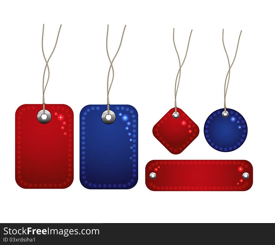 Red and blue price tags on a white background