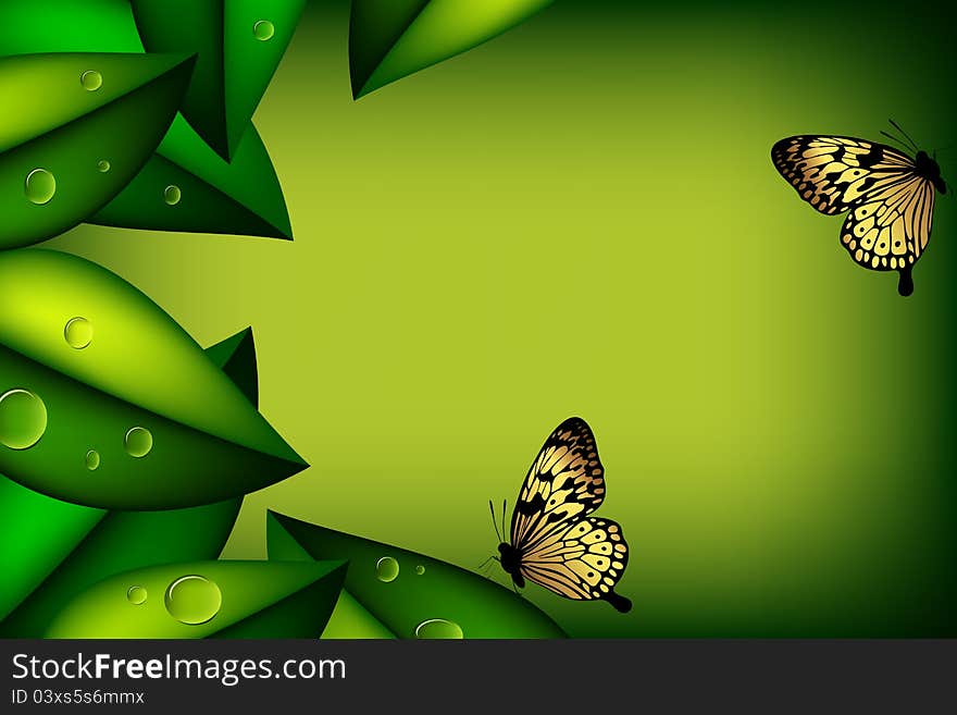 Vector bright green abstract background with leaves and butterflies. Vector bright green abstract background with leaves and butterflies