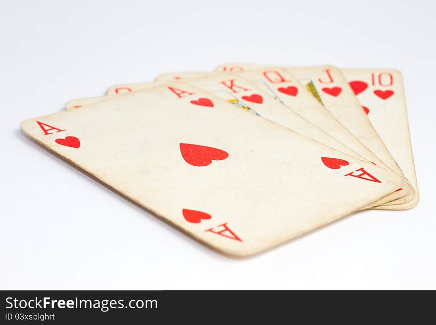 Playing cards, poker royal flush, hearts suit