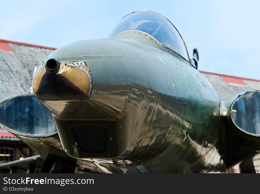 Jet fighter plane in closeup frontal view