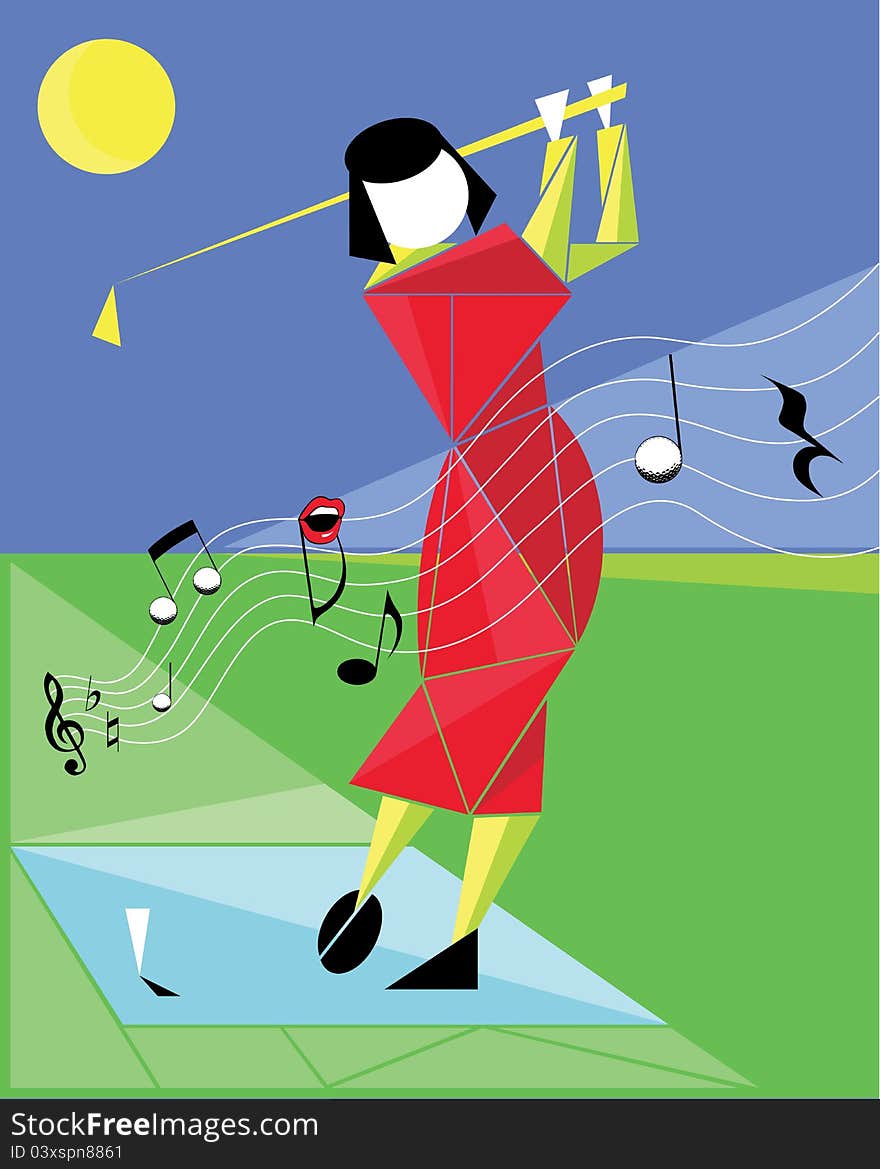 Illustration of a woman which shot a ball on a golf course like a melody on a sunset. Illustration of a woman which shot a ball on a golf course like a melody on a sunset