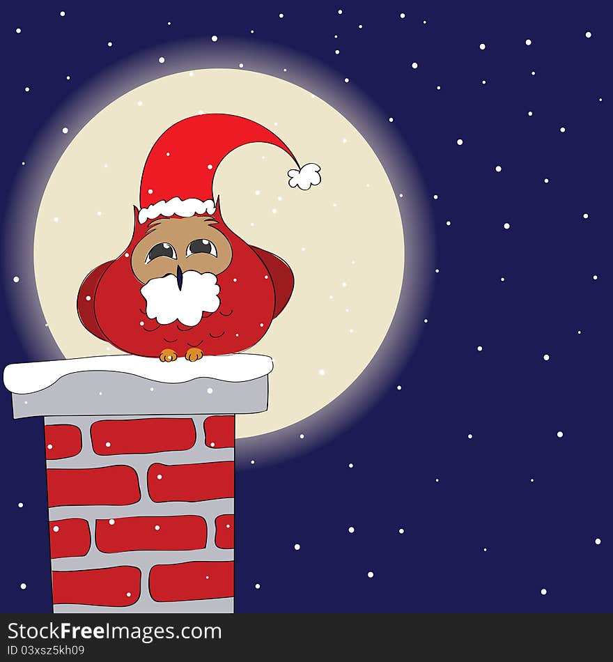 Funny owl dressed like Santa on a chimney. Funny owl dressed like Santa on a chimney