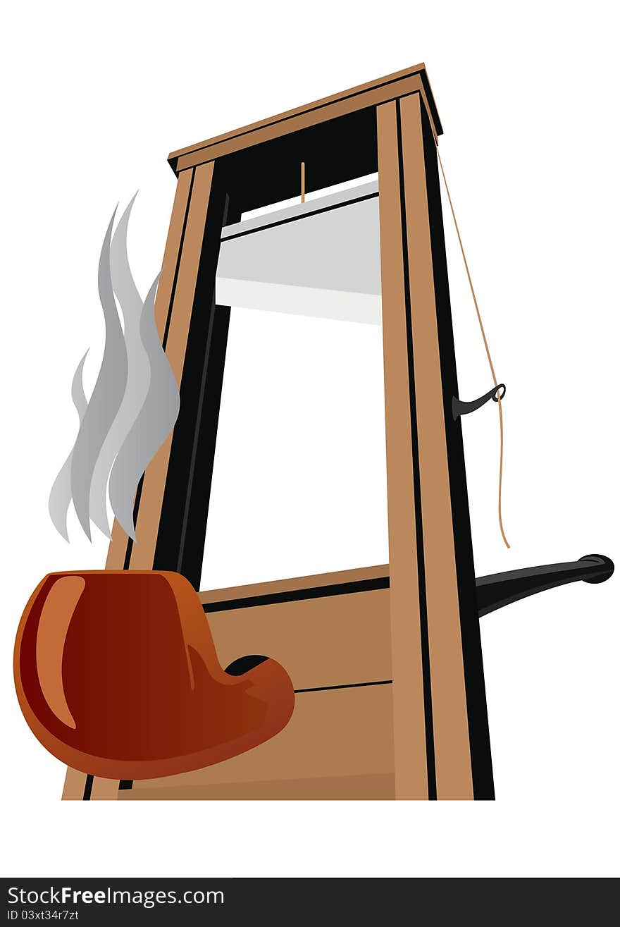 Guillotine with a raised knife and pipe for smoking tobacco. Tool to perform executions. The illustration on a white background. Guillotine with a raised knife and pipe for smoking tobacco. Tool to perform executions. The illustration on a white background.