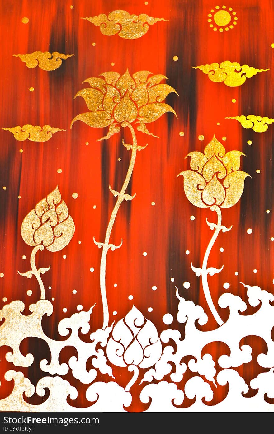 Gold flower painting in red background