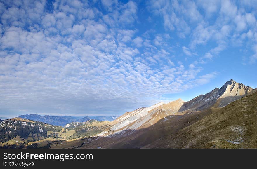 A panorama of the steep ridge rising to the summit of the Brisen mountain in Nidwalden, Switzerland. A panorama of the steep ridge rising to the summit of the Brisen mountain in Nidwalden, Switzerland.