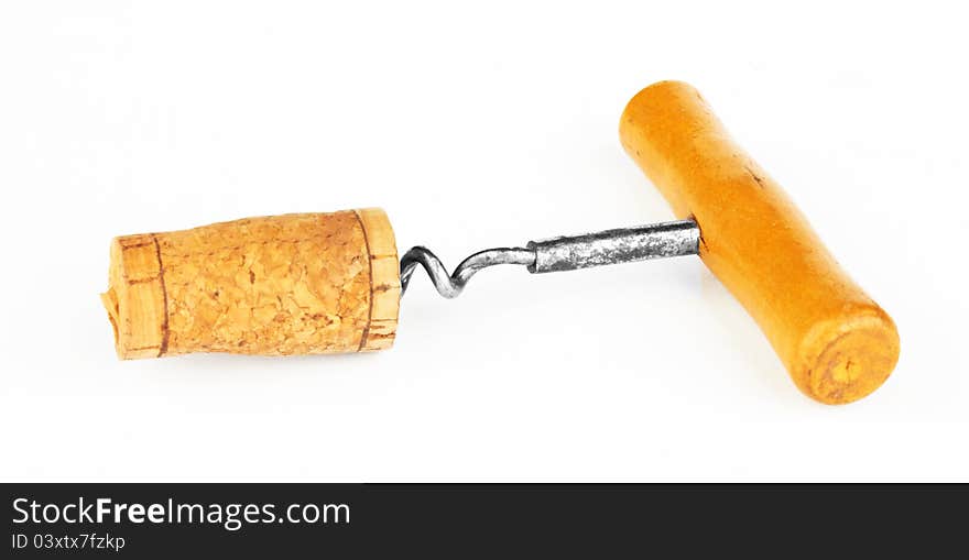 Close up of bottle opener and cork of wine bottle on white background with clipping path