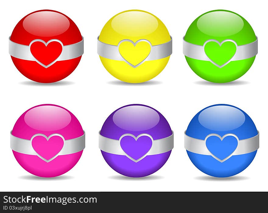 Colored spheres with metal rim in shape of heart