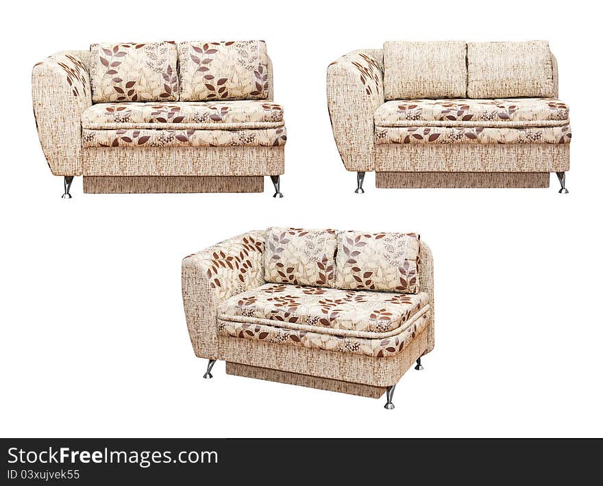 Sofa with fabric upholstery isolated on the white background