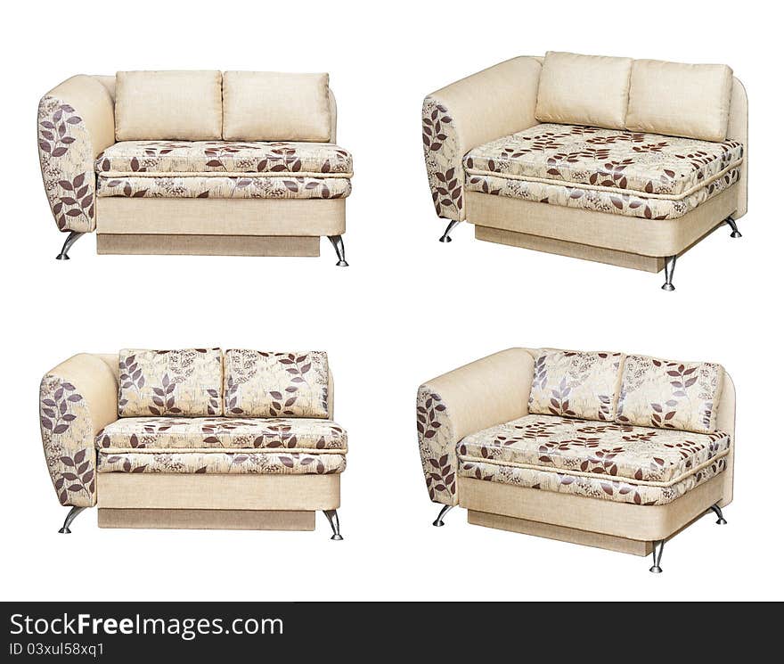 Sofa with fabric upholstery isolated on the white background