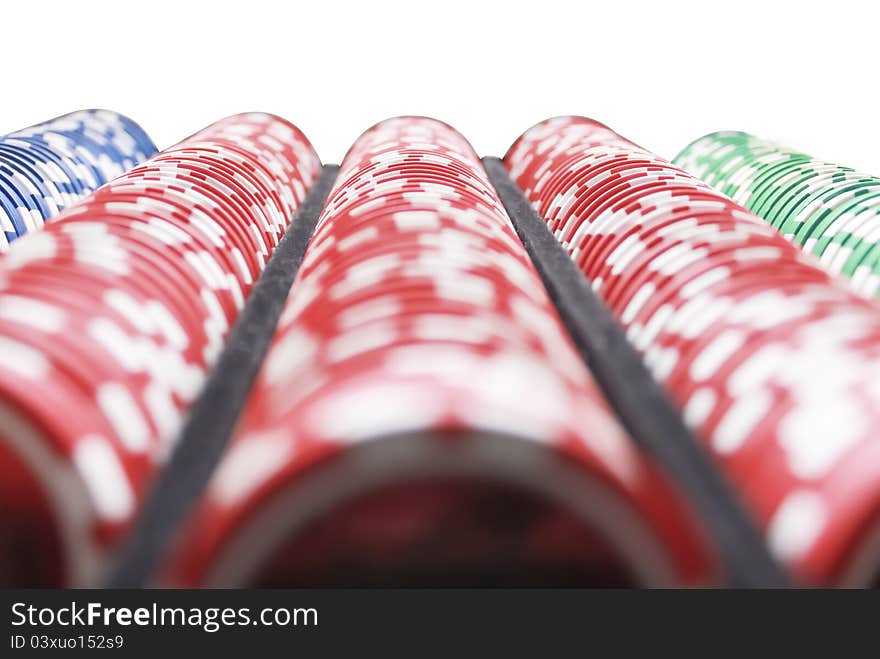 Five rows of stacked and colred poker chips. Five rows of stacked and colred poker chips