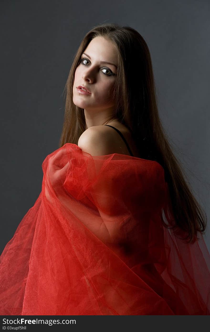 Portrait of sensual young woman wrapped in a red nylon with beautiful long hair. Portrait of sensual young woman wrapped in a red nylon with beautiful long hair