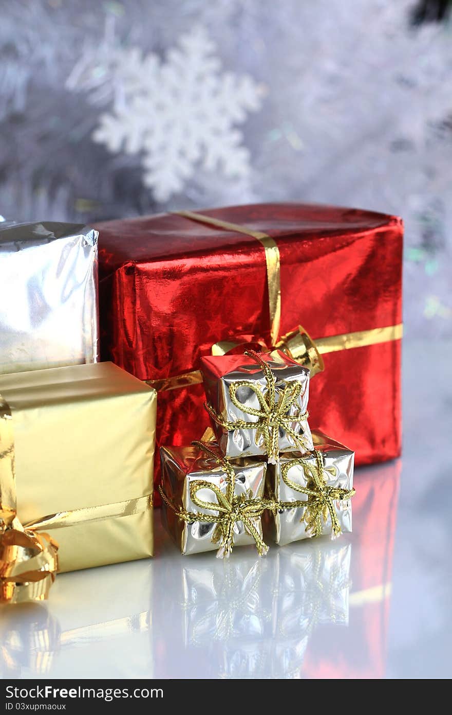 Christmas decorations with presents closeup with no people stock photo