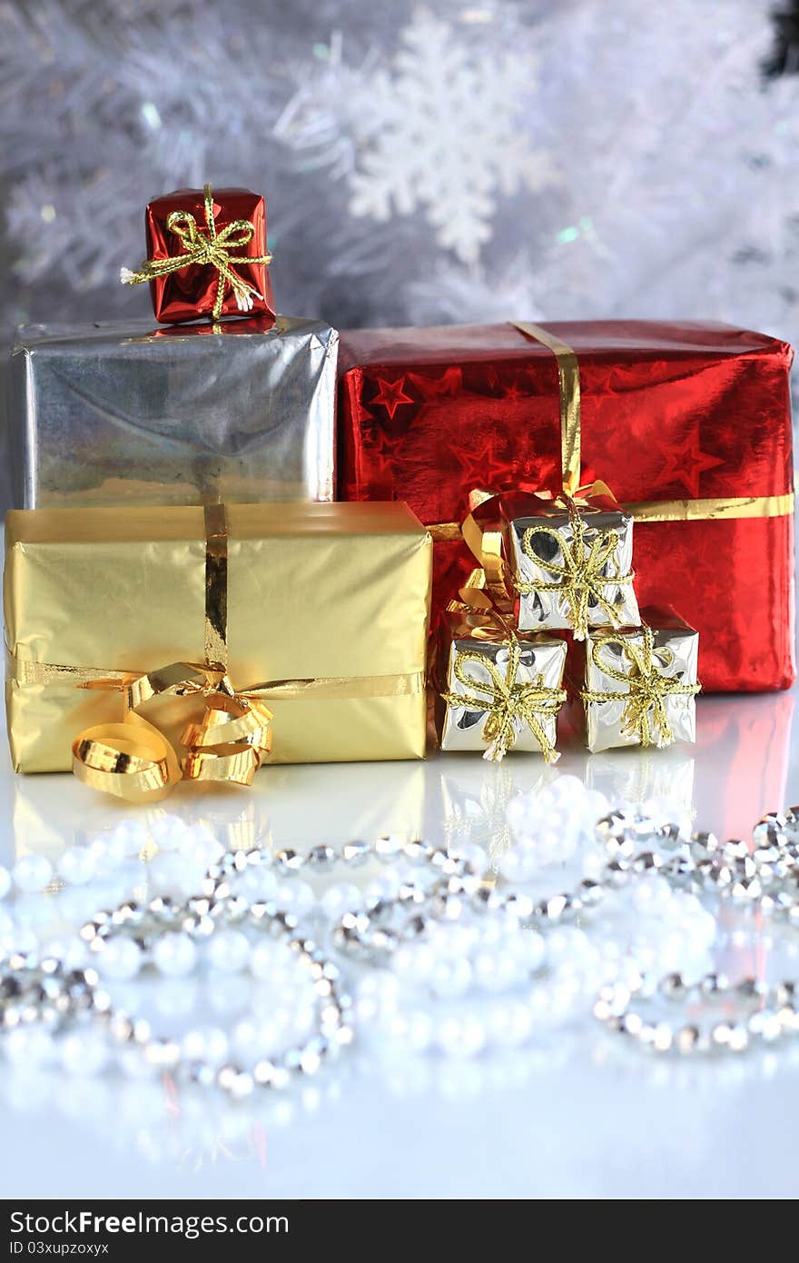 Christmas decorations with presents closeup with no people stock photo