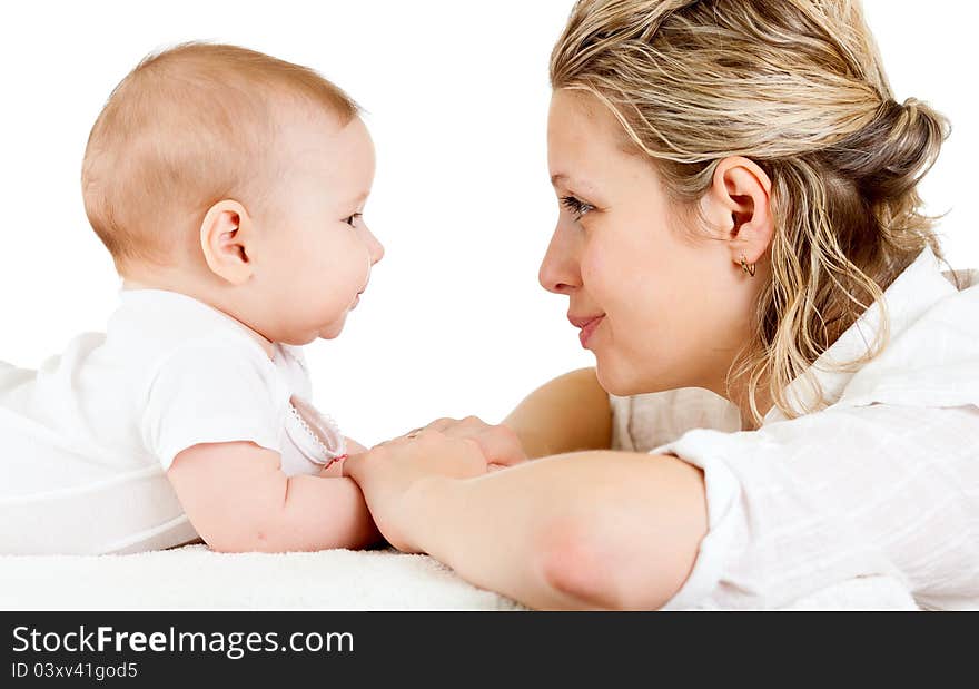 Portrait of loving mother and her child on white background