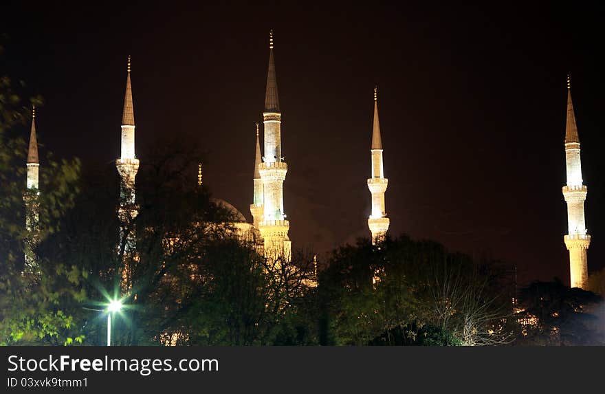 The Minarets of Sultan Ahmed Mosque at night, Istanbul.