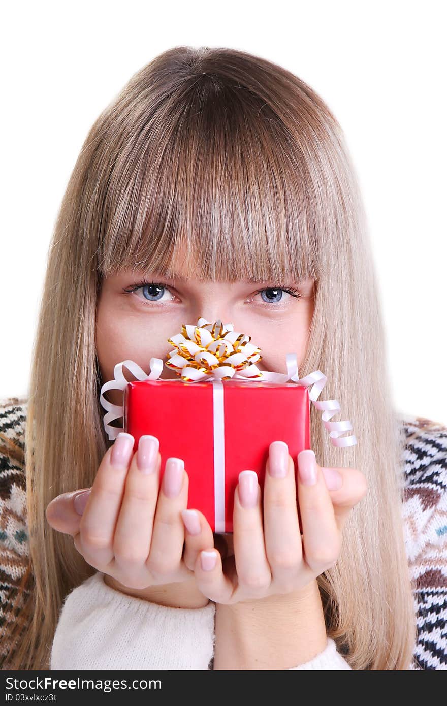 Beautiful young lady holding a red box. Beautiful young lady holding a red box