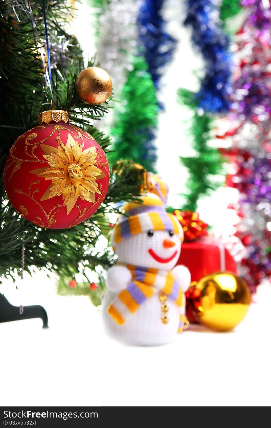 Colorful background with Christmas ornaments and snowman. Colorful background with Christmas ornaments and snowman