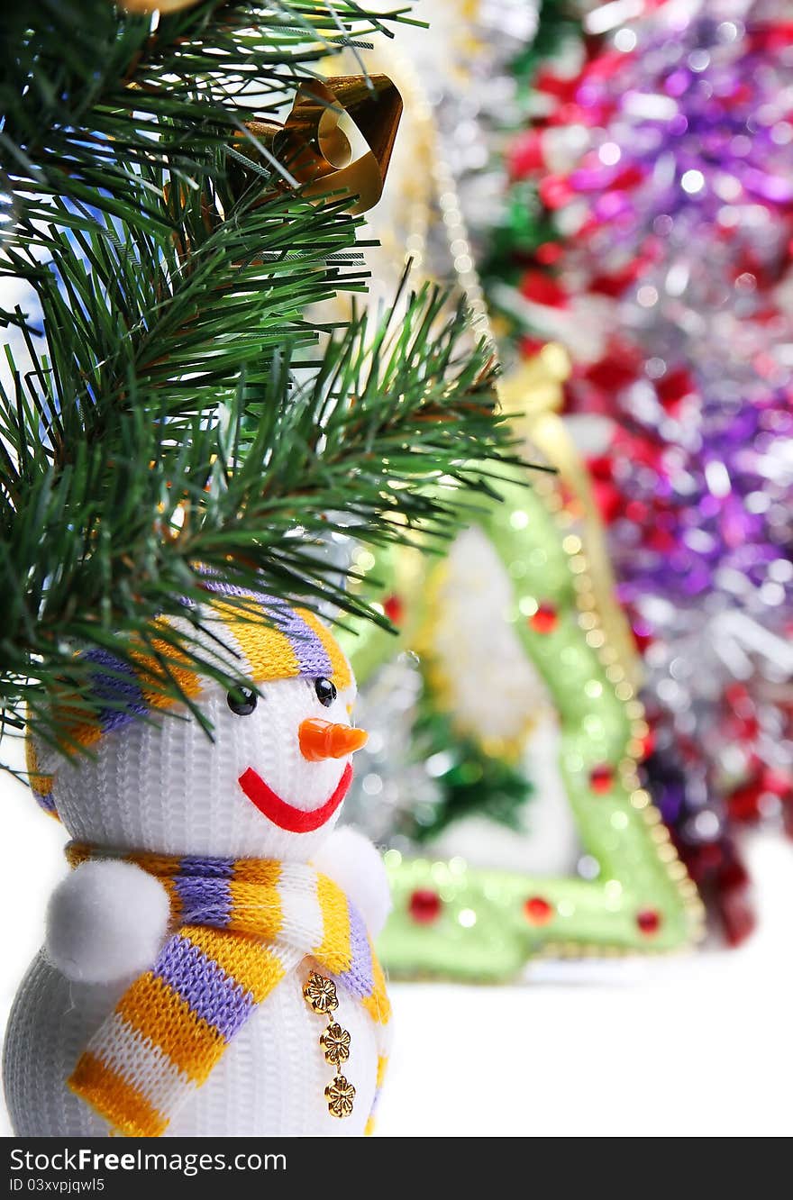 Colorful background with Christmas ornaments and snowman. Colorful background with Christmas ornaments and snowman