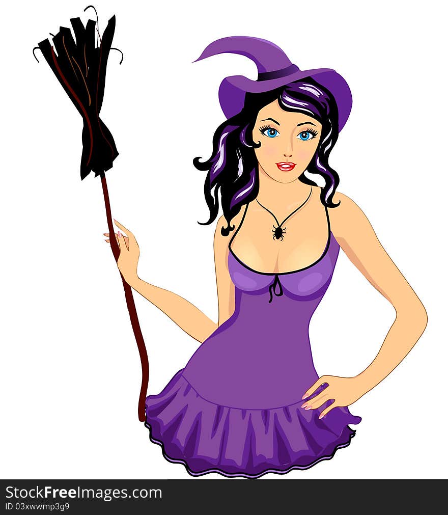 witch girl in violet dress with broom. witch girl in violet dress with broom