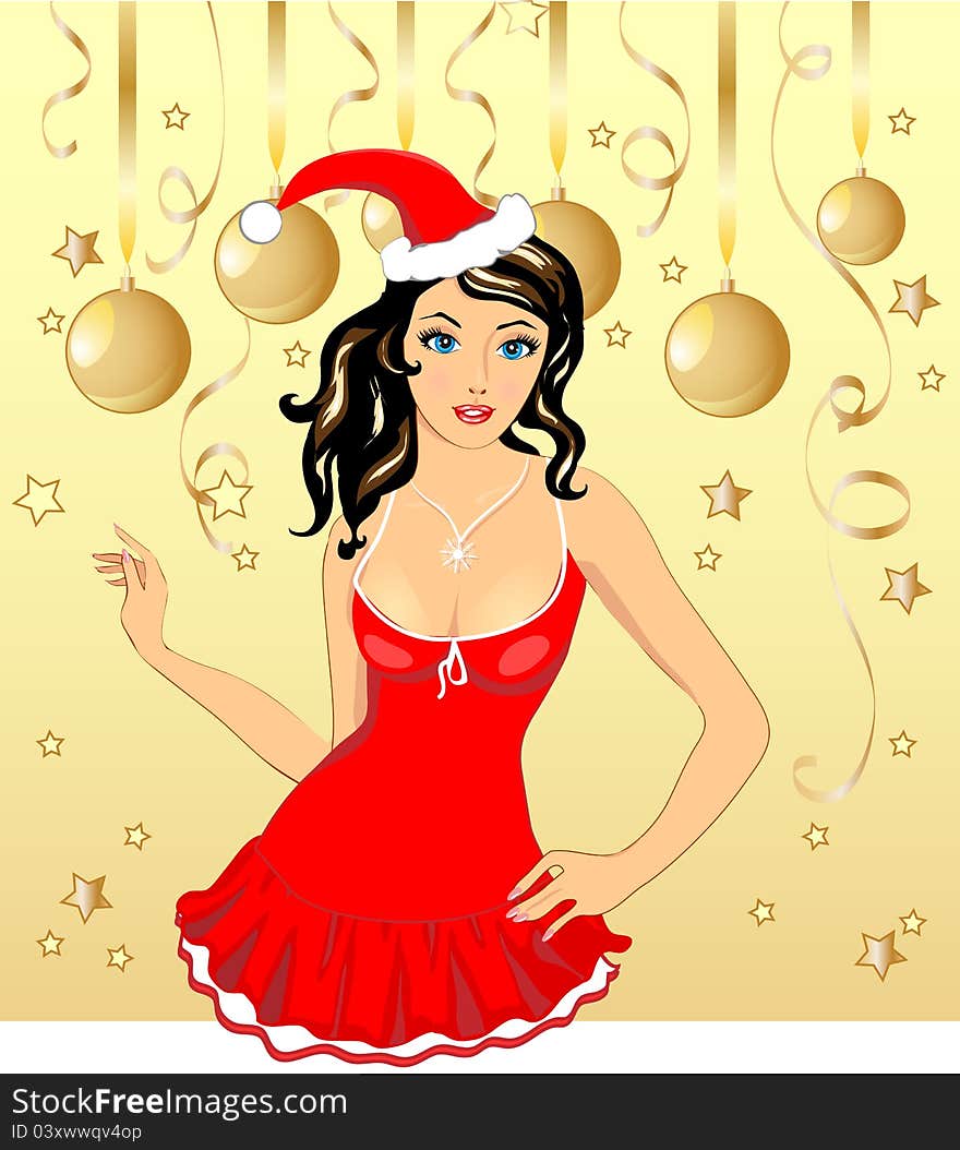 Christmas girl in red dress on gold background