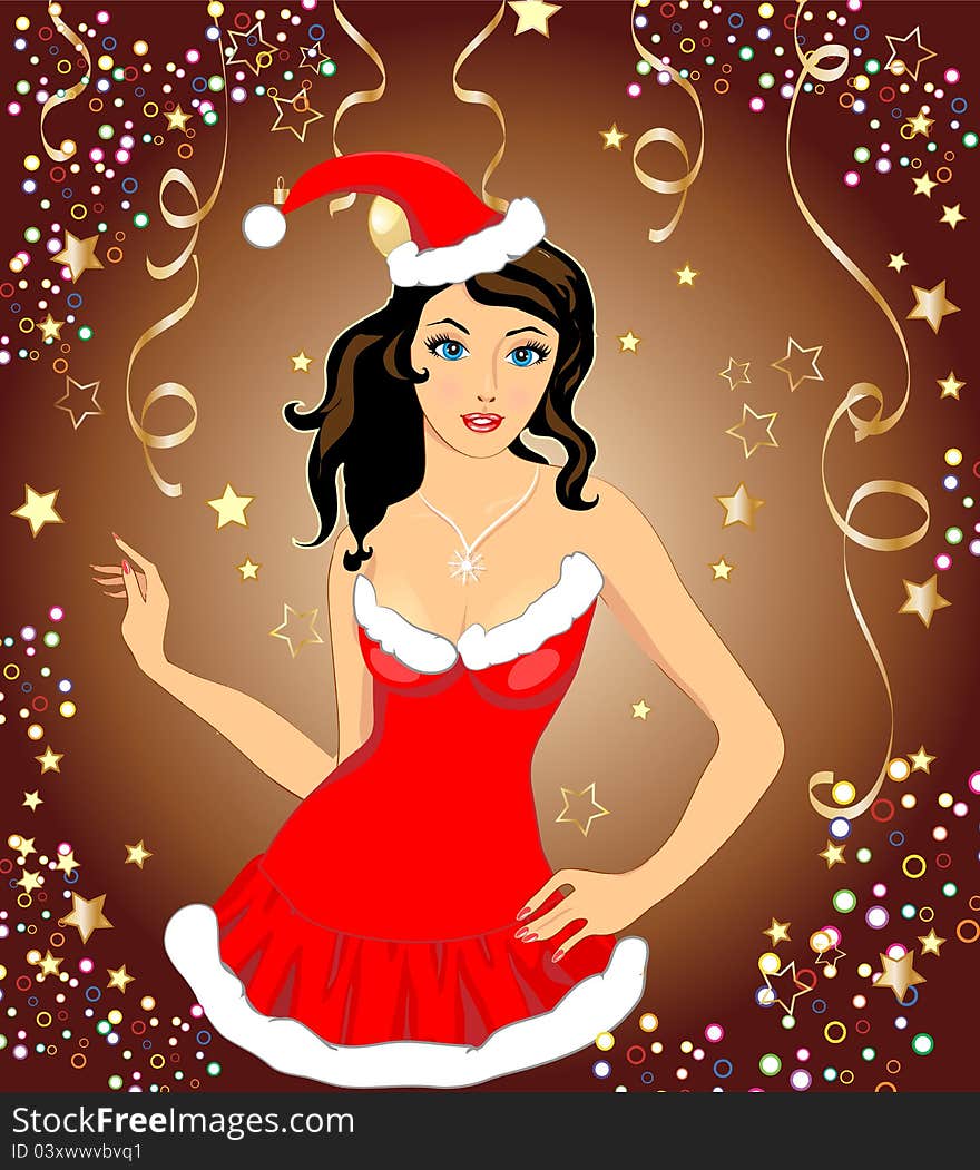 Pretty Christmas girl in red dress on background