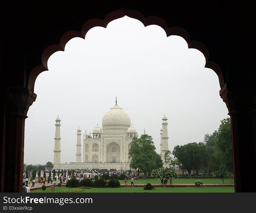 Taj Mahal at indian arch, summer 2011, Agra, UP, India