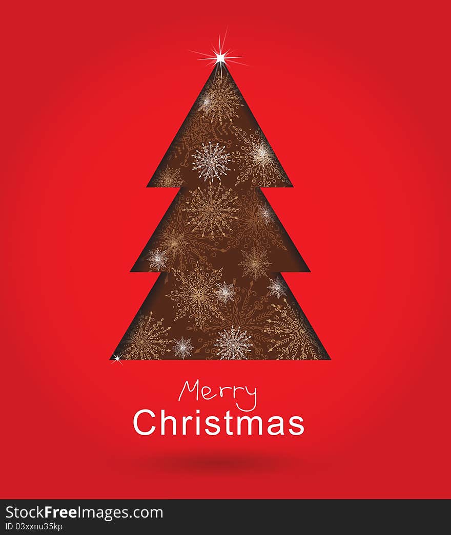 Christmas card with tree formed from paper. Christmas postcard with seamless ornament, for your design.