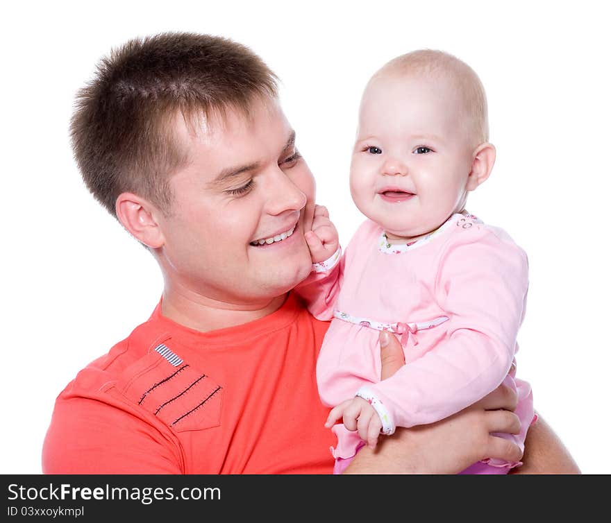 Happy young father with attractive smile holding his baby on white background. Happy young father with attractive smile holding his baby on white background