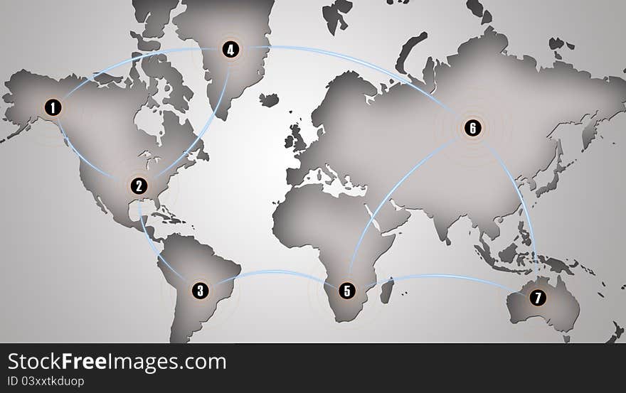 Global networking symbol of international communication featuring a world map concept with connecting technology communities using computers and other digital devices