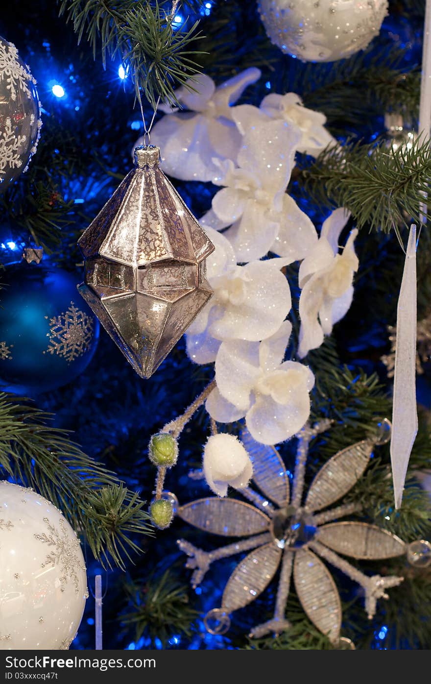 New Year's fur tree toys on fur tree. New Year's fur tree toys on fur tree.