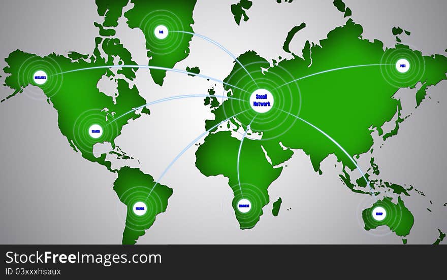 Global networking symbol of international communication featuring a world map concept with connecting technology communities using computers and other digital devices