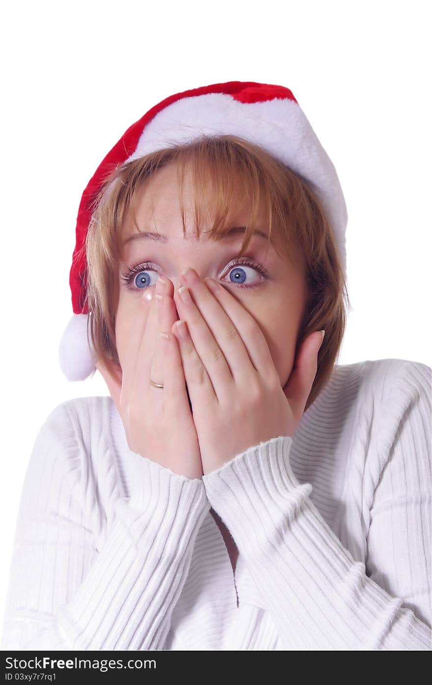 Girl with christmas hat over white. Girl with christmas hat over white