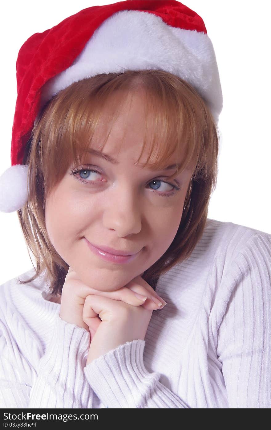 Girl with christmas hat over white. Girl with christmas hat over white