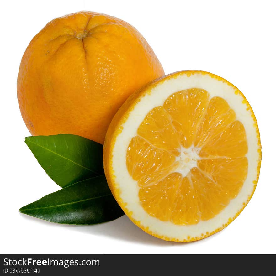 Fresh juicy oranges in the white background.