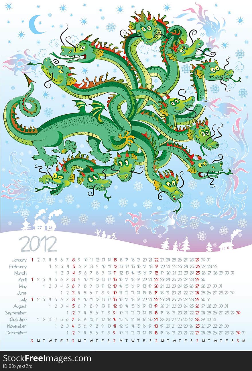 Dragon with twelve heads, year dragon, calendar 2012, vector illustration