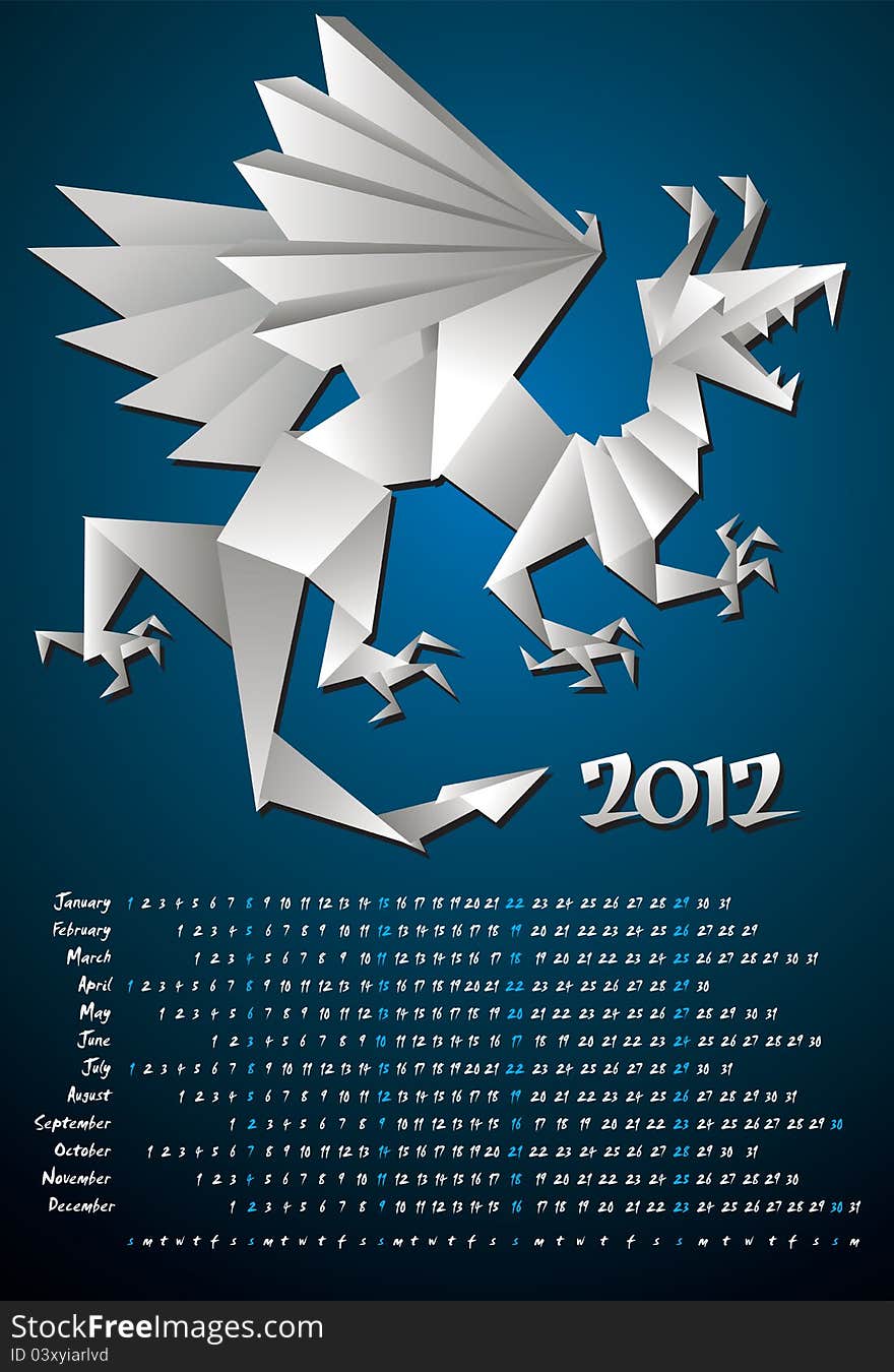 Year dragon, calendar 2012, origami, vector illustration