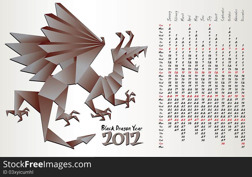 Year dragon, calendar 2012, origami, vector illustration