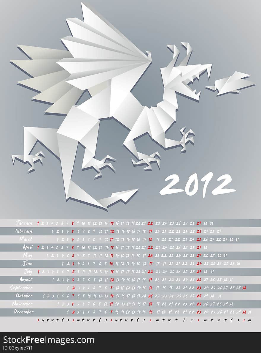 Year dragon, calendar 2012, origami, vector illustration